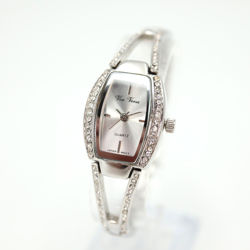Vice Versa Ladies Silver Tone Watch Barrell Dial Diamond Accent Bezel Bracelet